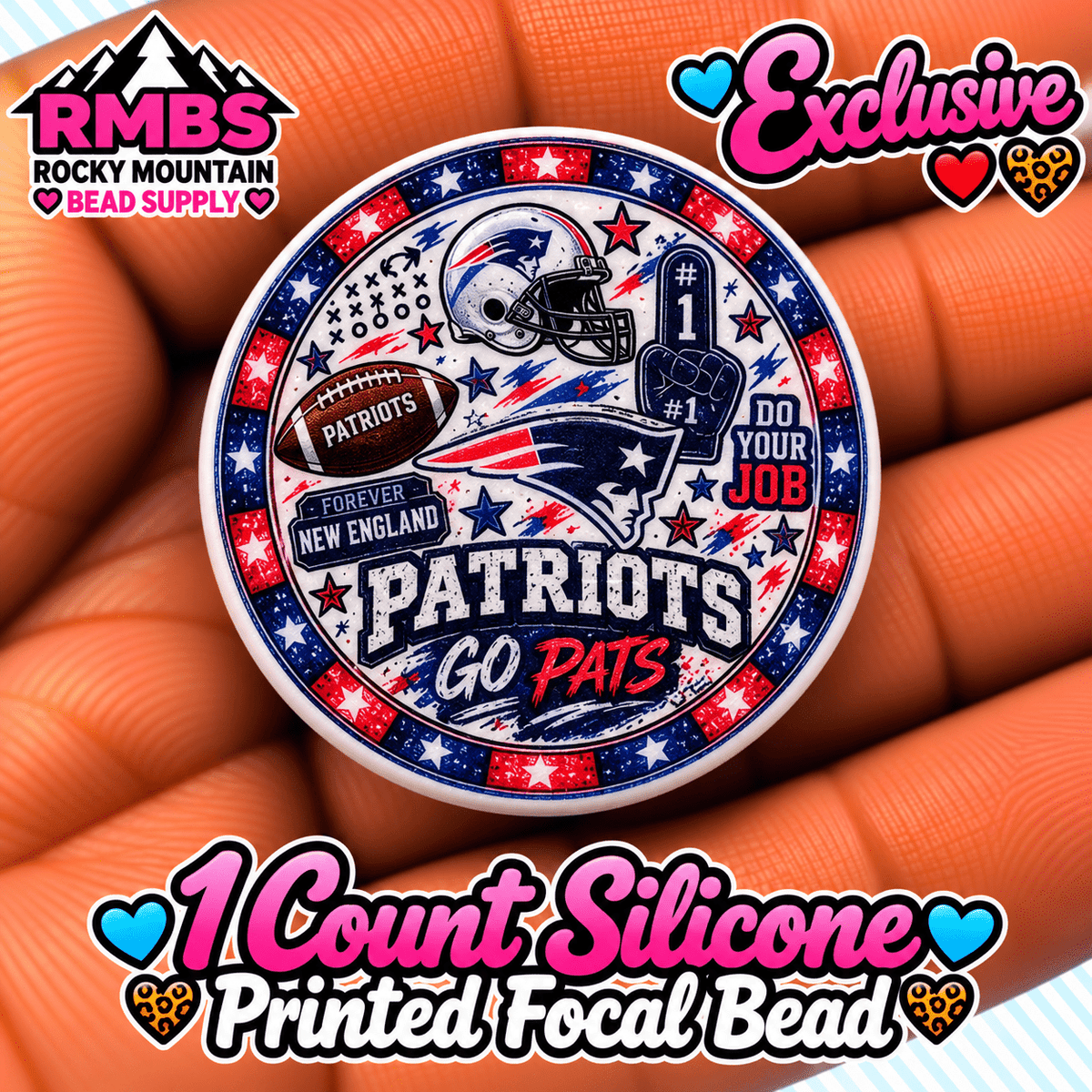NEW Exclusive 1 count PRINTED Silicone Focal Bead FOOTBALL PATRIOTS