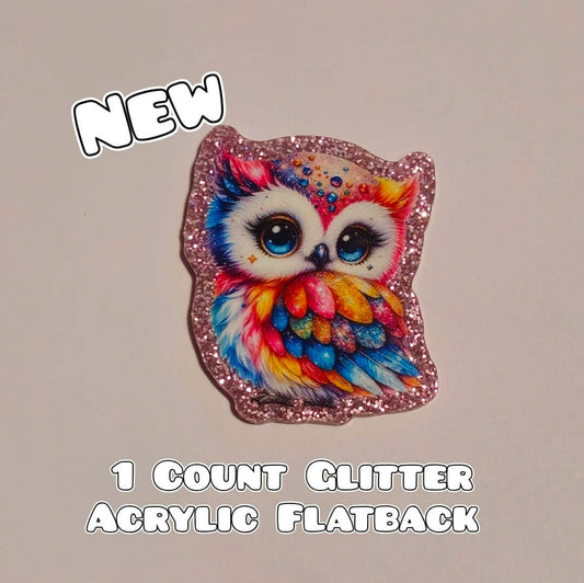 Glitter Acrylic Flatback- Acrylic Planer Resin Charm- Owl