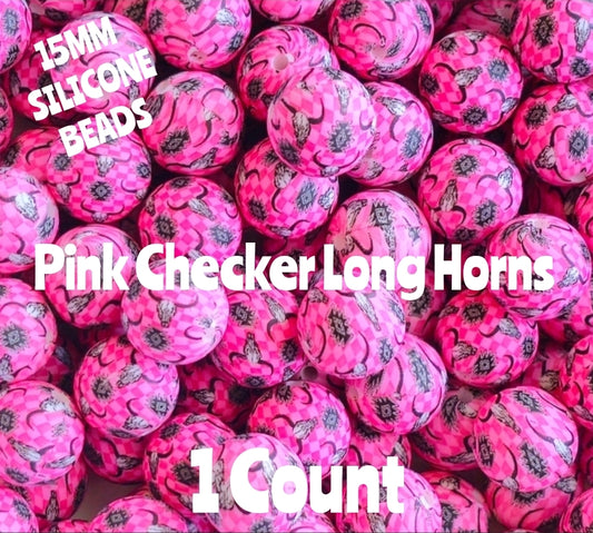 New 1 Count 15mm printed Pink Checker Long Horns silicone bead
