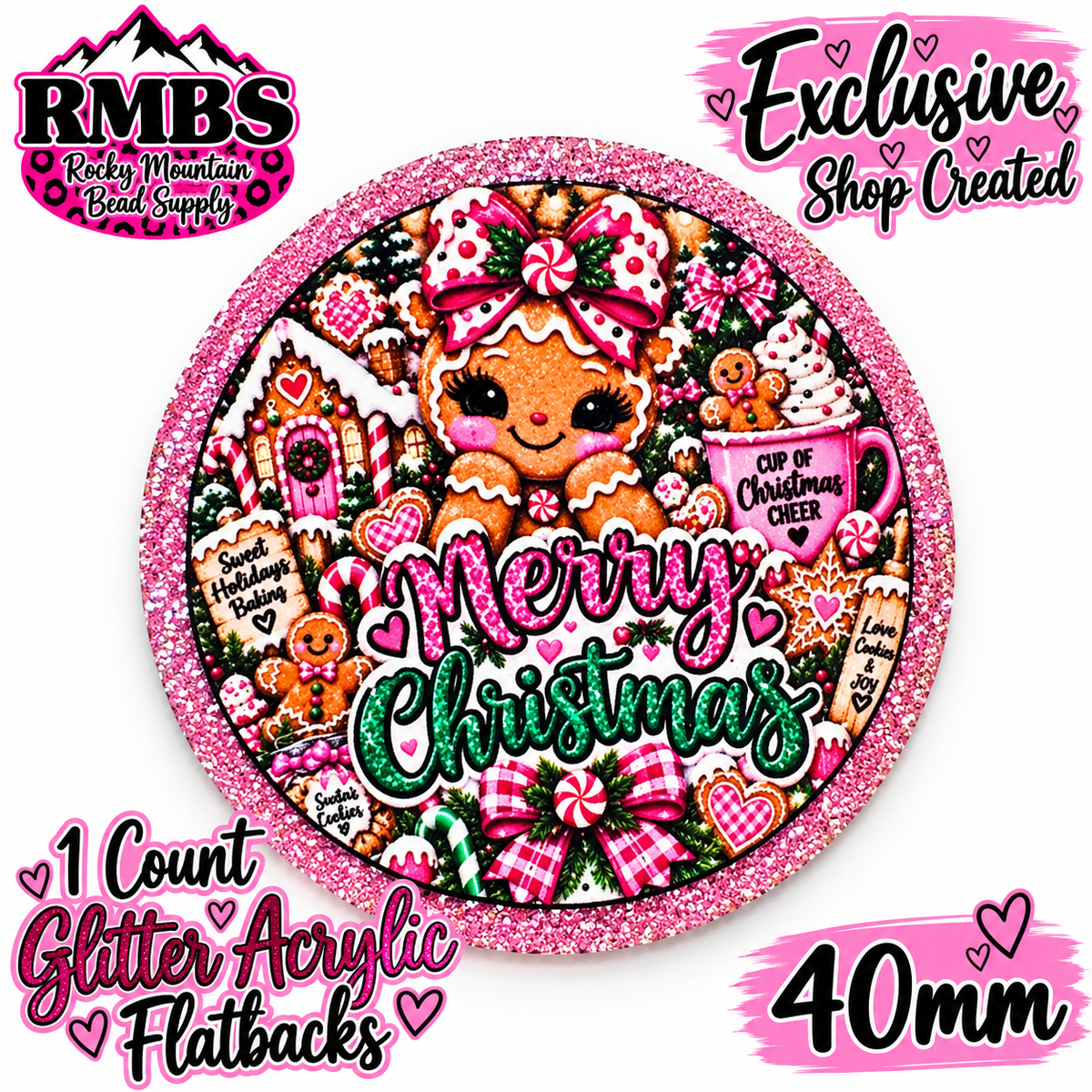 Exclusive 1 Count Custom Exclusive Glitter Acrylic Flatback 40mm MERRY CHRISTMAS GINGER BREAD GIRL