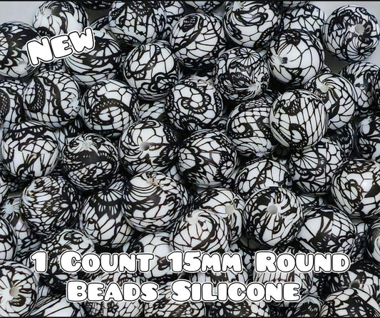 New 1 Count 15mm printed silicone beads BLACK LACE