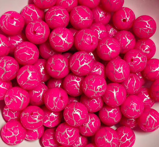 New 1 Count 15mm printed crackle pink Silicone Beads
