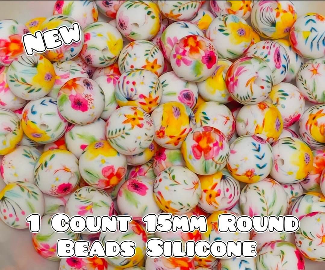 Nuevo 1 Cuenta de abalorios de silicona impresos de 15 mm PRADOS DE PRIMAVERA
