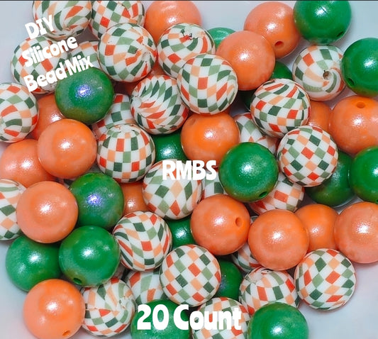 New Checkered Orange Green Bead Mix DIY Beads 20 Count. Craft Supplies