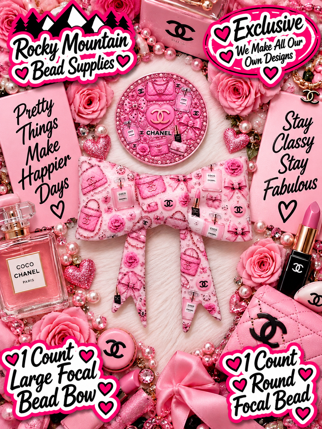 New Shop Exclusive 1 Count Large Silicone Bow Designer CC PINK  1 Count Focal Bead Round