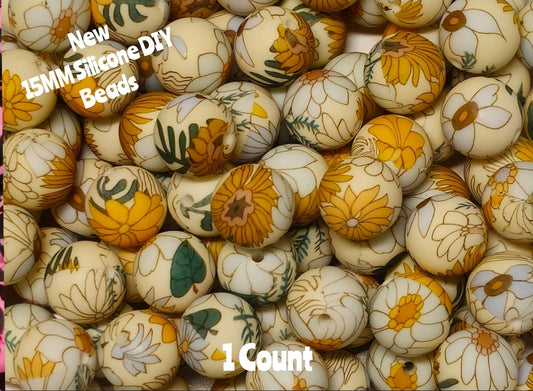 New 1 Count DIY Silicone Beads 15mm printed neutral flowers beadable accessories
