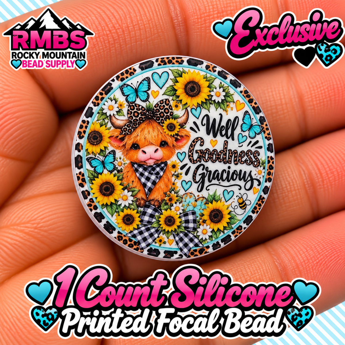 NEW Exclusive 1 count PRINTED Silicone Focal Bead COW GOODNESS GRACIOUS
