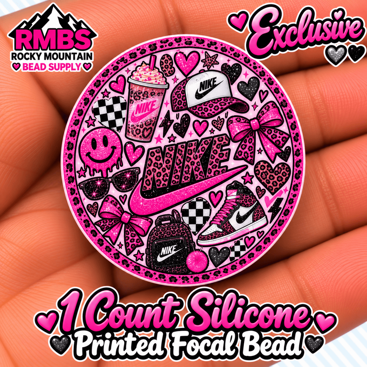 Exclusive 1 count PRINTED Silicone Focal Bead NIKE PINK
