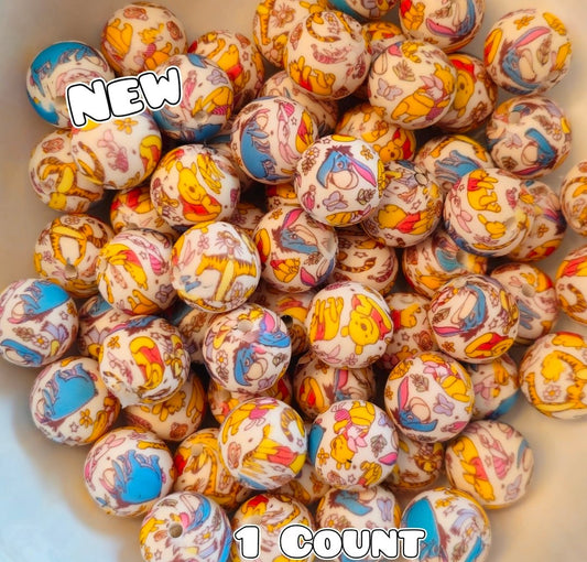 New 1 Count DIY Silicone Beads 15mm printed Pooh & Friends