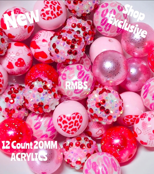 New 12 Count Valentines Hearts Mix 20MM DIY Acrylic Beads Craft Supplies