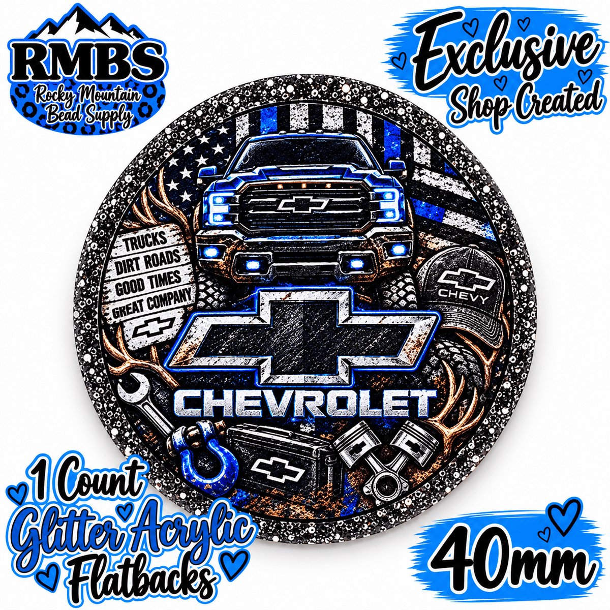 Exclusive 1 Count Custom Exclusive Glitter Acrylic Flatback 40mm CHEVY BLUE