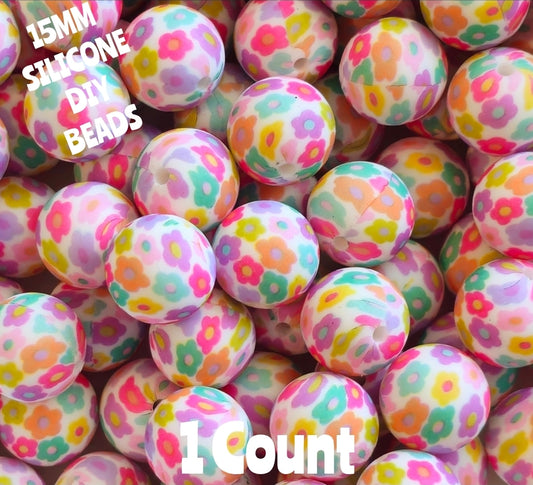New 1 Count 15mm printed Multi Flowers silicone bead