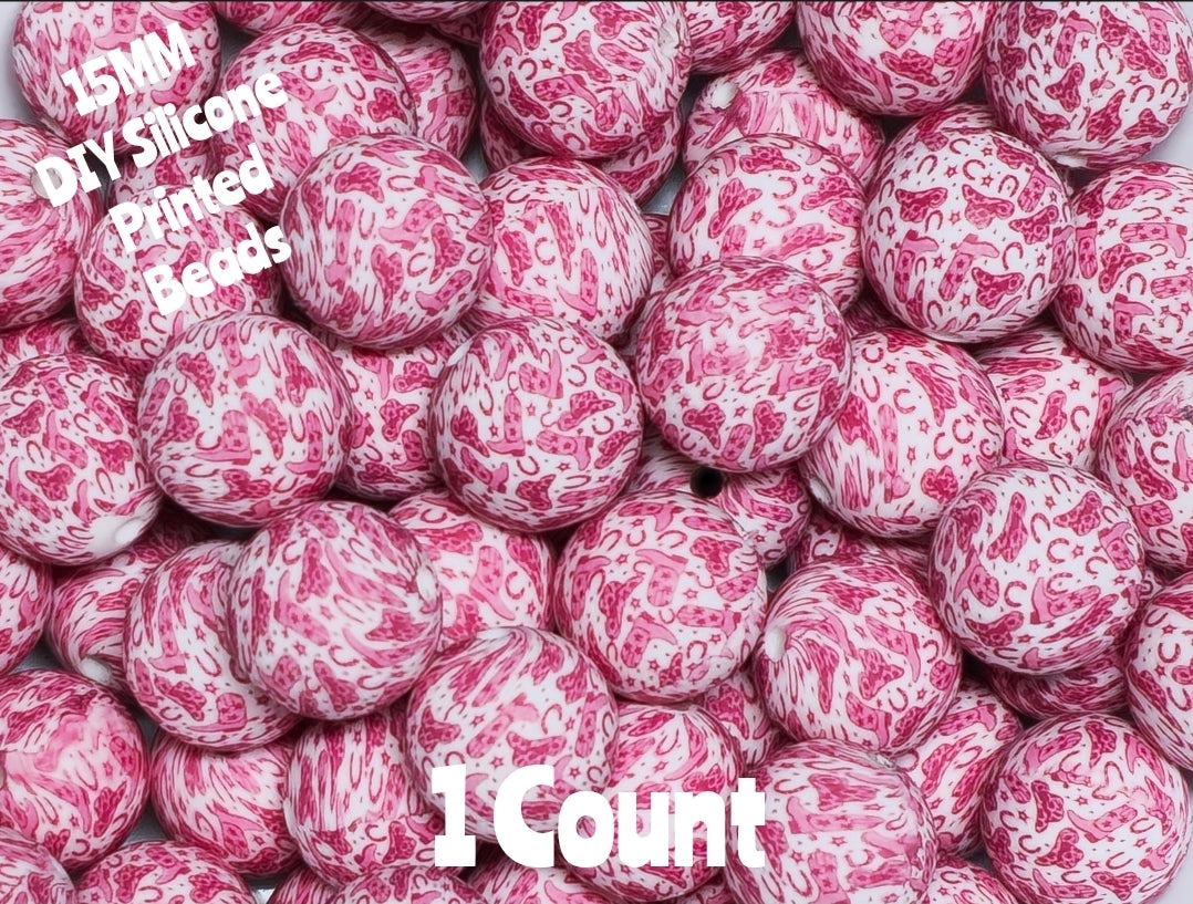 New 1 Count 15mm Printed Beads  Country Western Boots Bling Pink DIY beads