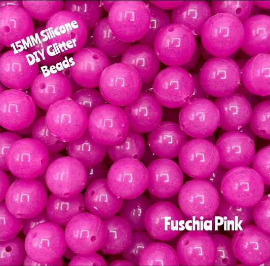 15mm DIY Silicone Beads Glitter 1 Count Fuschia Pink