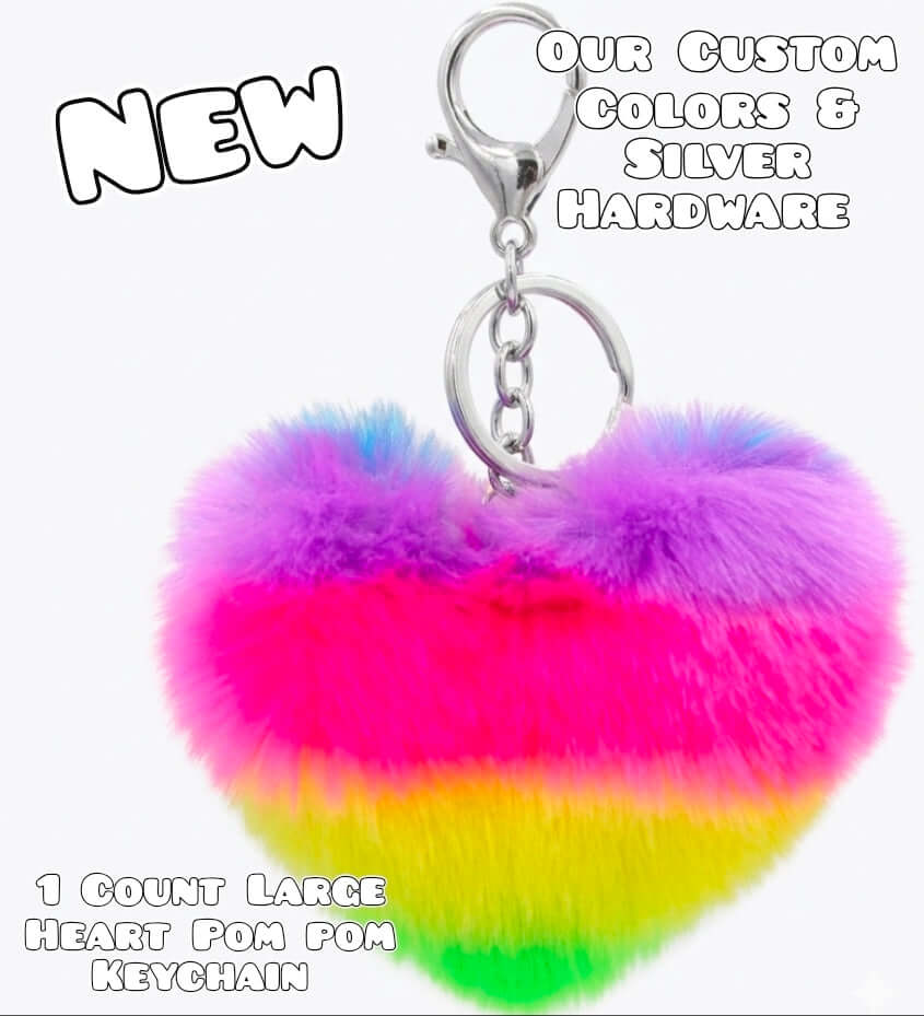 1 Count Large Heart Keychain Pom Poms Silver Hardware Shop Created Designs
