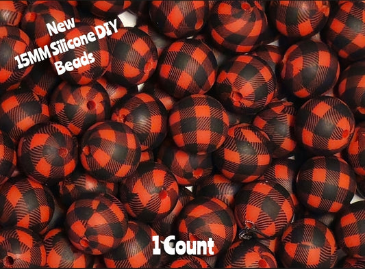 New 1 Count DIY Silicone Beads 15mm printed black red plaid beadable accessories