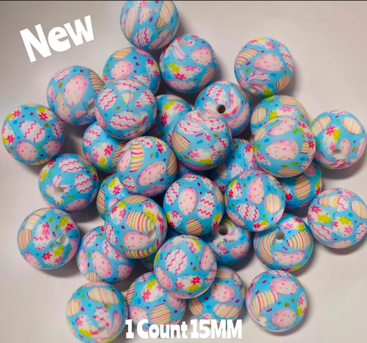 New 1 Count 15mm printed Easter Silicone Beads