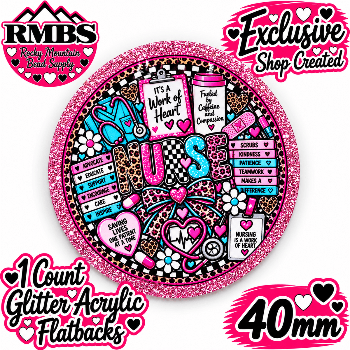 Exclusive 1 Count Custom Exclusive Glitter Acrylic Flatback 40mm NURSE 3