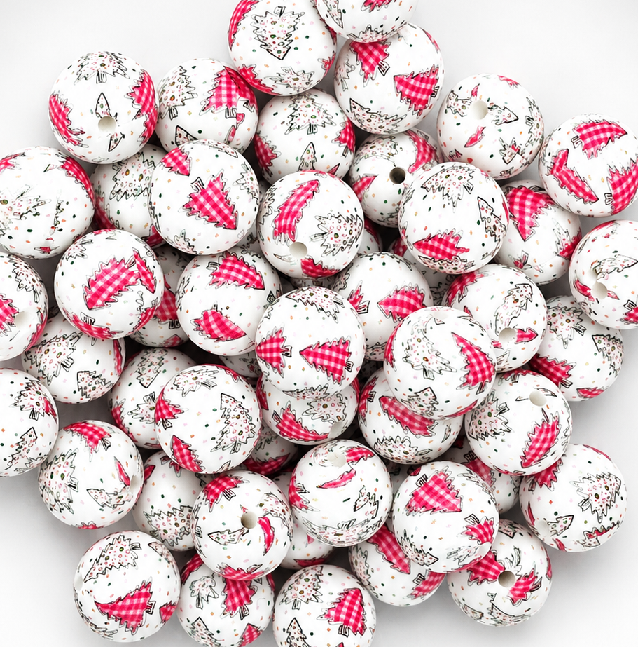 New 1 Count DIY Silicone Beads 15mm printed Christmas Trees Red White Plaids