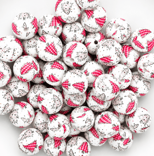 New 1 Count DIY Silicone Beads 15mm printed Christmas Trees Red White Plaids