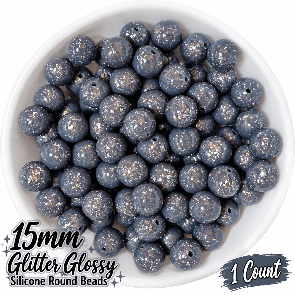NEW Glitter 15mm DIY Silicone Beads Glossy Shiny Solids 1 Count CHARCOAL
