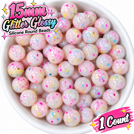 NEW Glitter Confetti 15mm DIY Silicone Beads Glossy Shiny Solids 1 Count