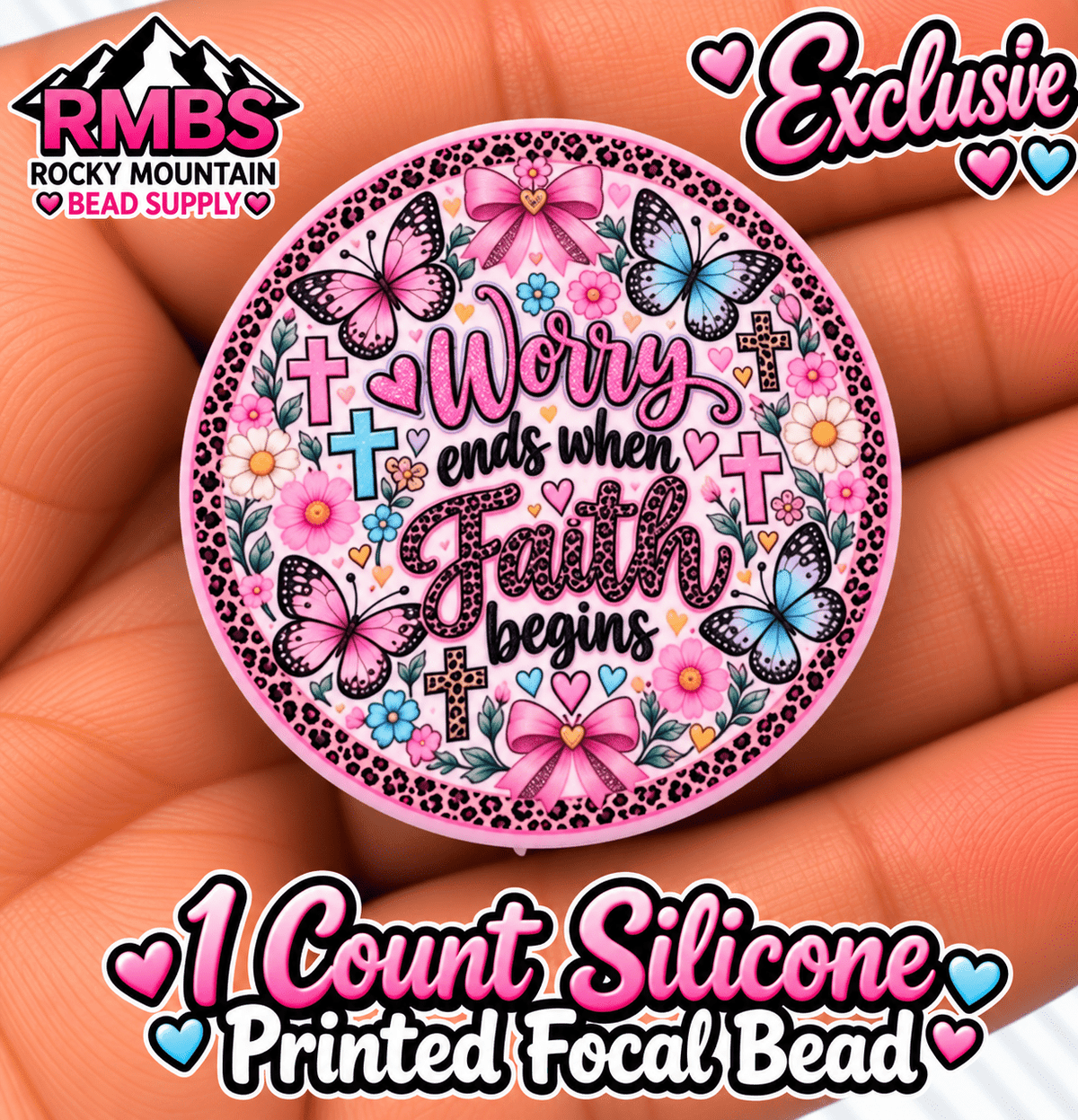 Exclusive 1 count PRINTED Silicone Focal Bead WORRY ENDS WHEN FAITH BEGINS