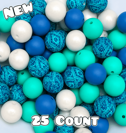 25 Count Silicone Bead Mix Opal Paisley Mint Blue