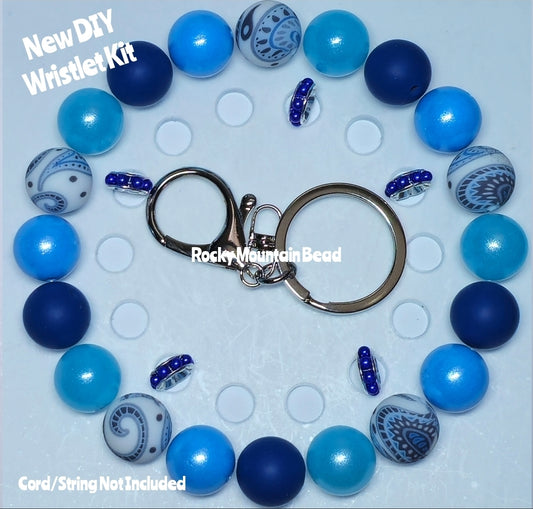 New 1 Count DIY Deluxe Beadable Wristlet Kit- Blue Paisley Beads- Beadable Accessories