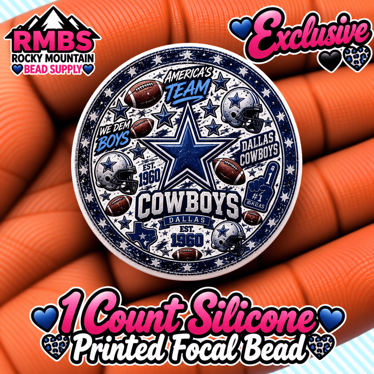 NEW Exclusive 1 count PRINTED Silicone Focal Bead FOOTBALL COWBOYS