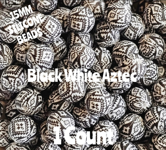 New 1 Count 15mm printed Black White Aztec Country silicone bead