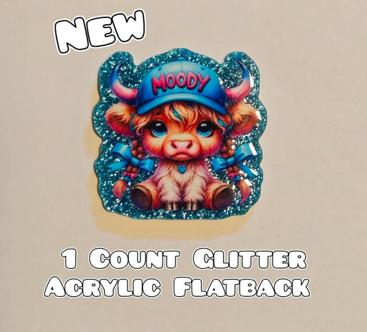 Glitter Acrylic Flatback- Acrylic Planer Resin Charm- Cow Moody