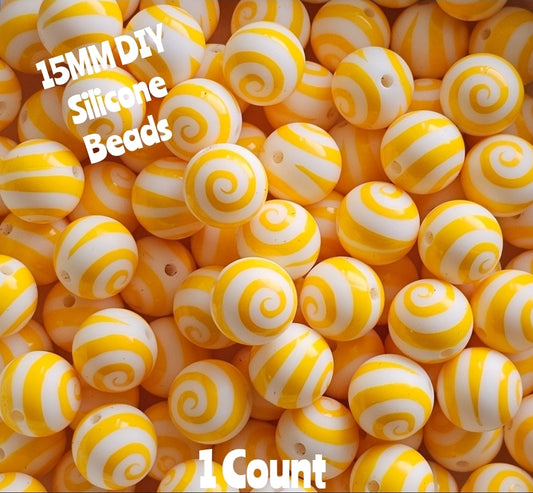 New 1 Count DIY Silicone Beads 15mm printed Yellow Swirl Beads Beadable Accessories