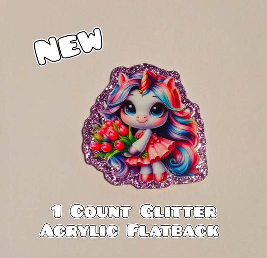 Glitter Acrylic Flatback- Acrylic Planer Resin Charm- Unicorn