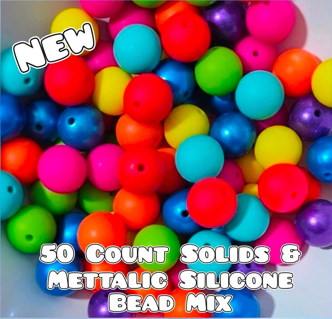 New 50 Silicone 15mm Solids & Mettalic Beads Mix
