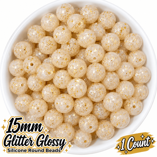 NEW Glitter 15mm DIY Silicone Beads Glossy Shiny Solids 1 Count Golden Confetti