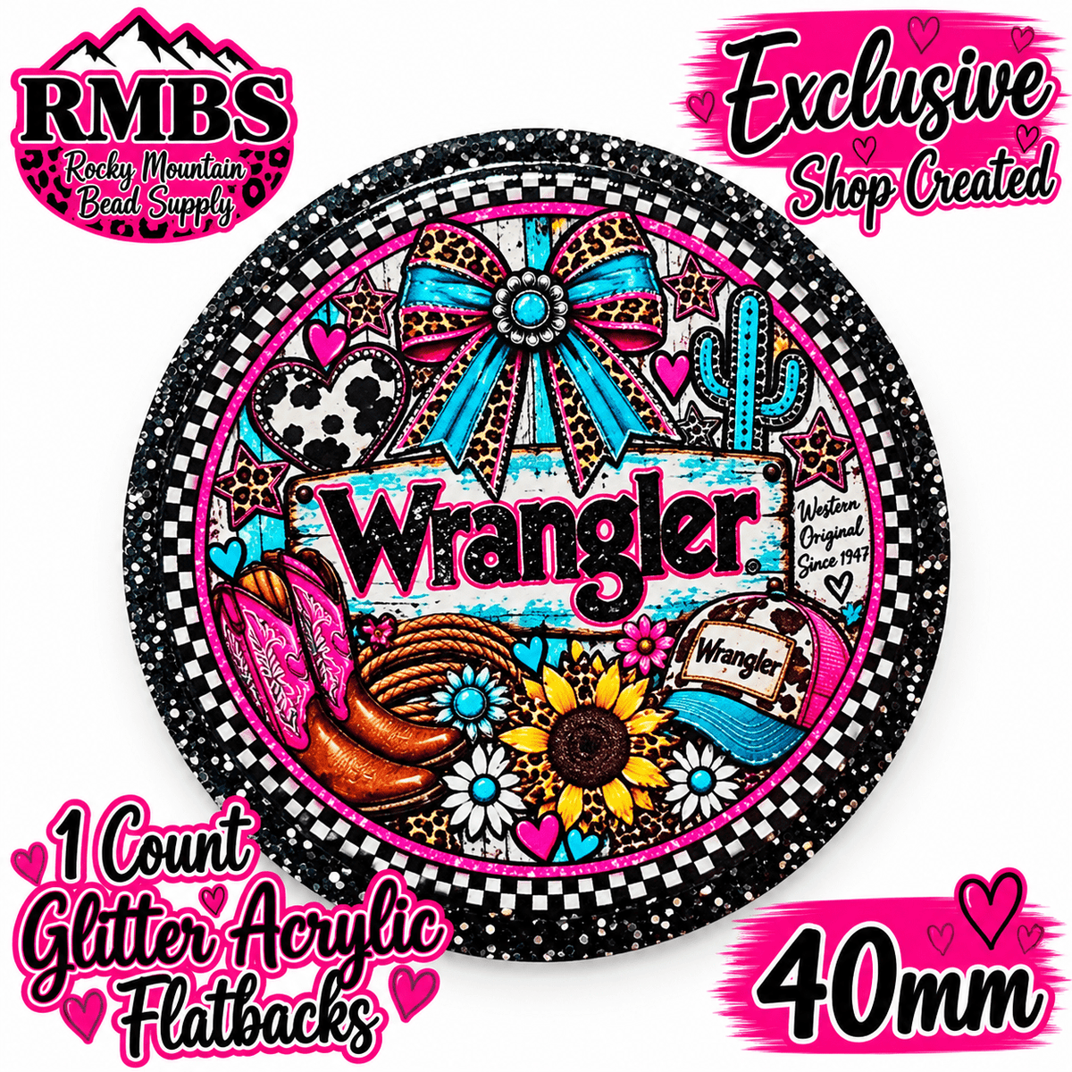 Exclusive 1 Count Custom Exclusive Glitter Acrylic Flatback 40mm WRANGLER 3