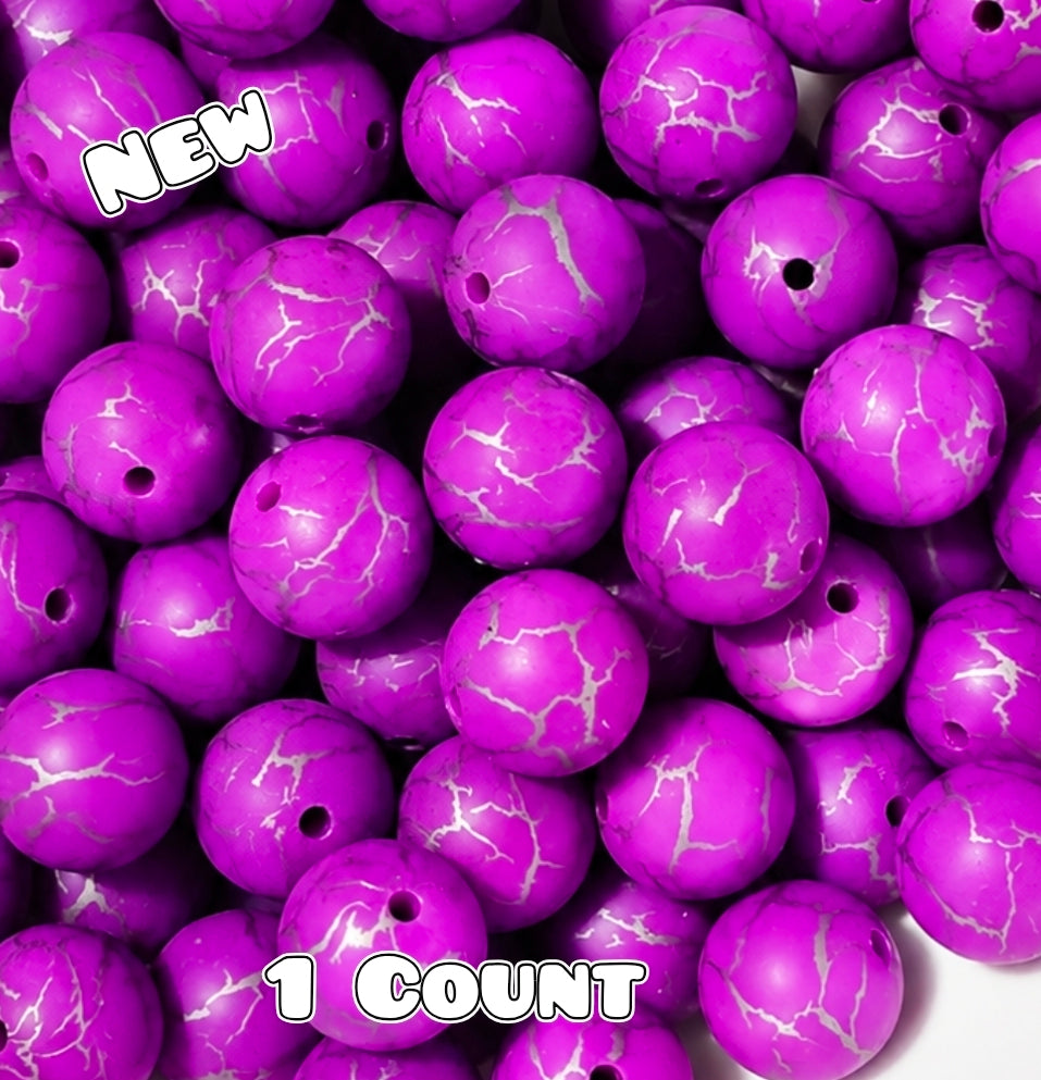 New 1 Count DIY Silicone Beads 15mm printed Purple Crackle