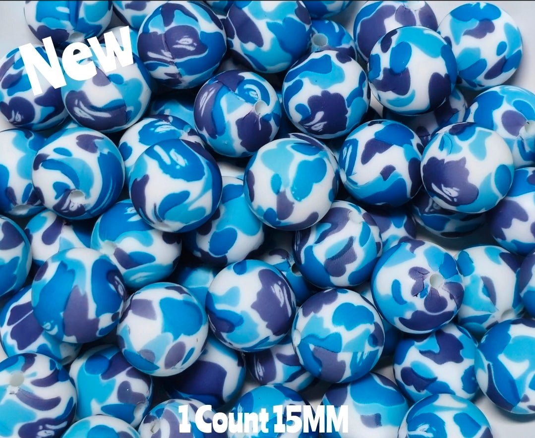 New 1 Count Blue Camouflage Prints 15mm printed Silicone Beads