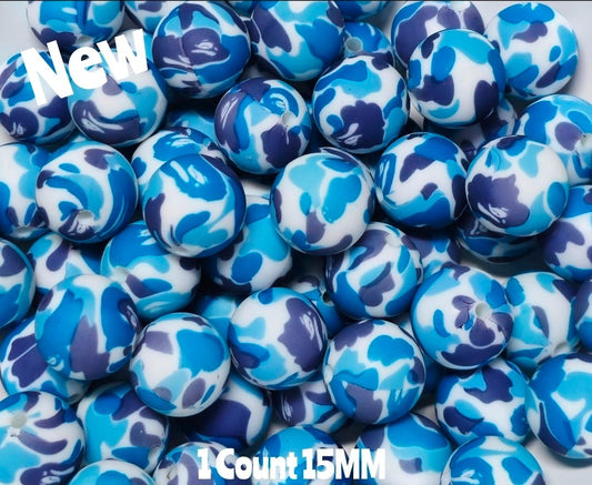 New 1 Count Blue Camouflage Prints 15mm printed Silicone Beads