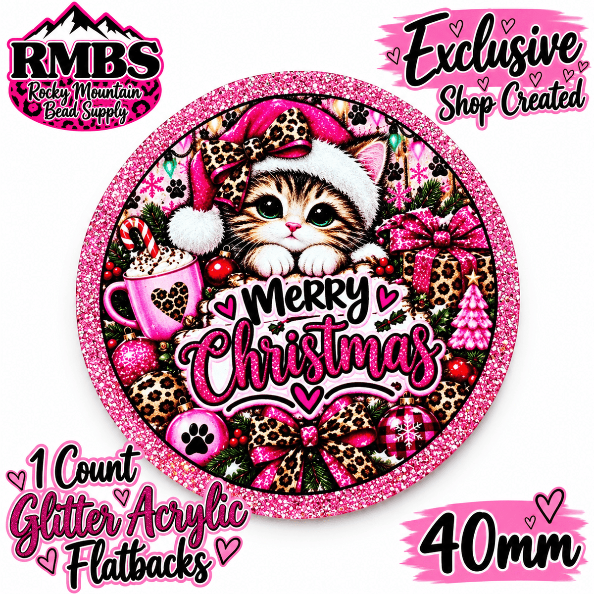 Exclusive 1 Count Custom Exclusive Glitter Acrylic Flatback 40mm MERRY CHRISTMAS CAT