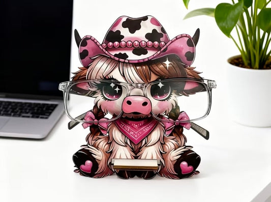 Wood Eyeglass Cow Stand Pink Cow