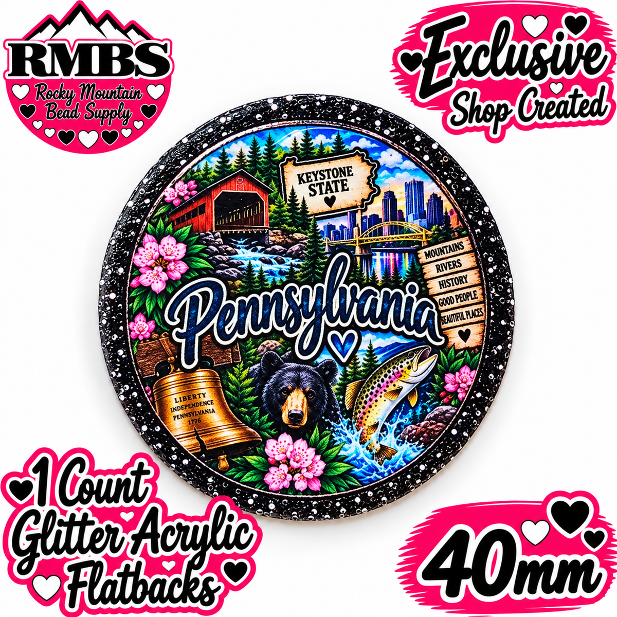 Exclusive 1 Count Custom Exclusive Glitter Acrylic Flatback 40mm STATE PENSYLVANIA