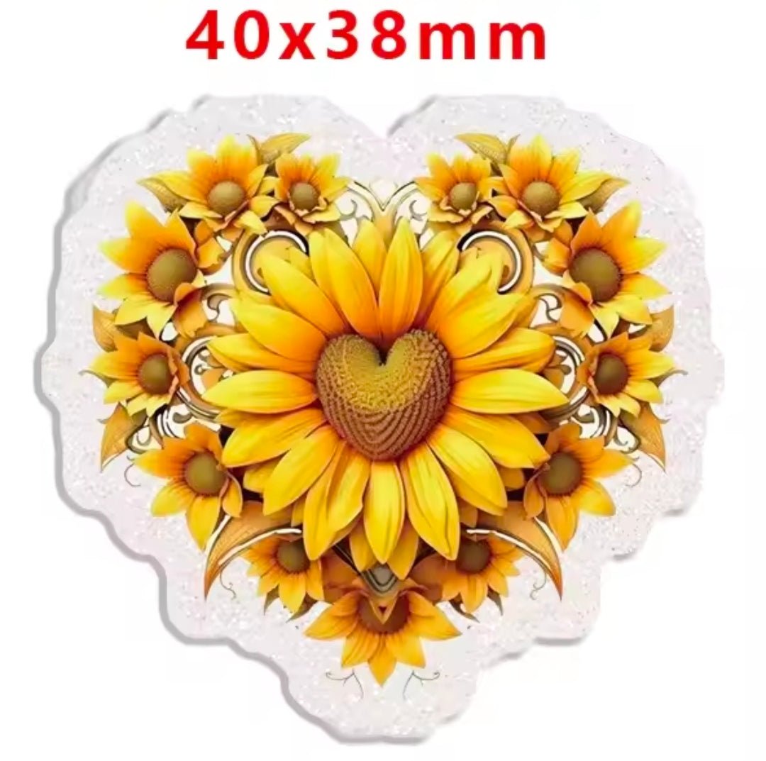 Glitter Acrylic Flatback- Acrylic Planer Resin Charm Sunflower Heart