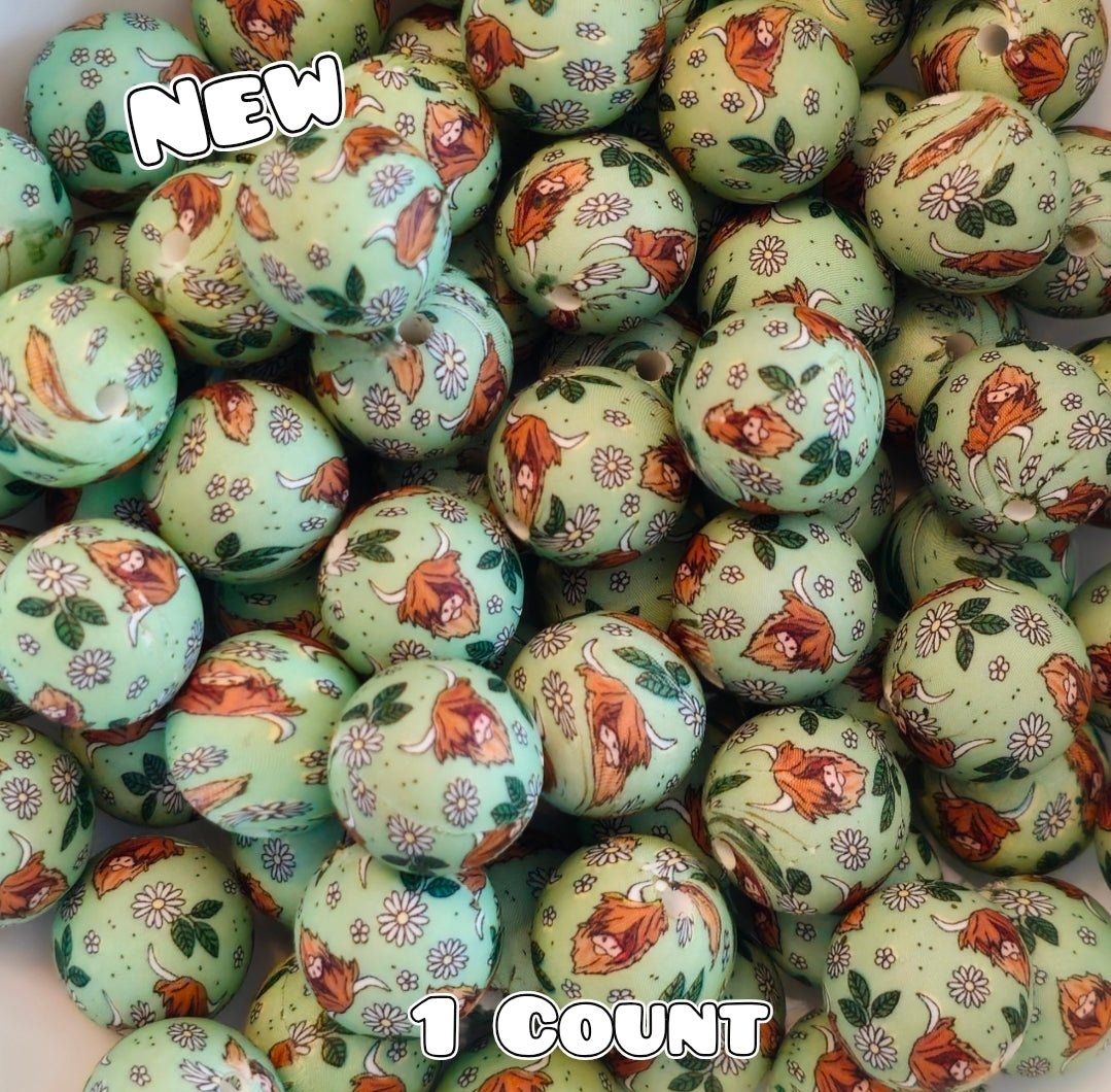 New 1 Count DIY Silicone Beads 15mm printed Daisy & Cows