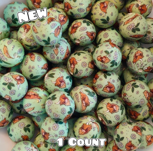 New 1 Count DIY Silicone Beads 15mm printed Daisy & Cows