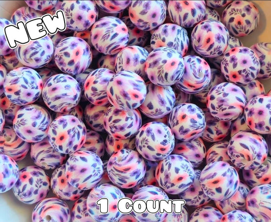 Nueva cuenta de silicona de 15 mm con flores de prado moradas impresas