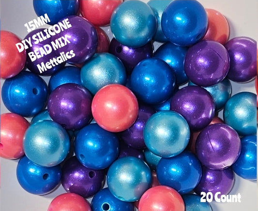 15mm DIY Silicone Beads Solid Mettalic Mix 20 Count