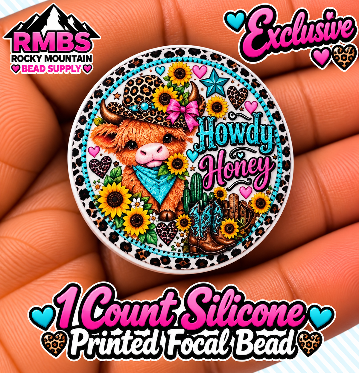 Exclusive 1 count PRINTED Silicone Focal Bead HOWDY HONEY