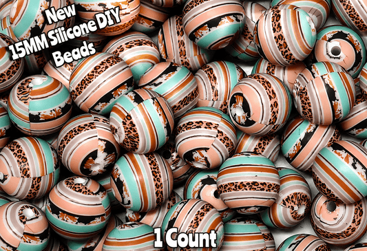 New 1 Count DIY Silicone Beads 15mm printed country cheetah swirl blues beadable accessories